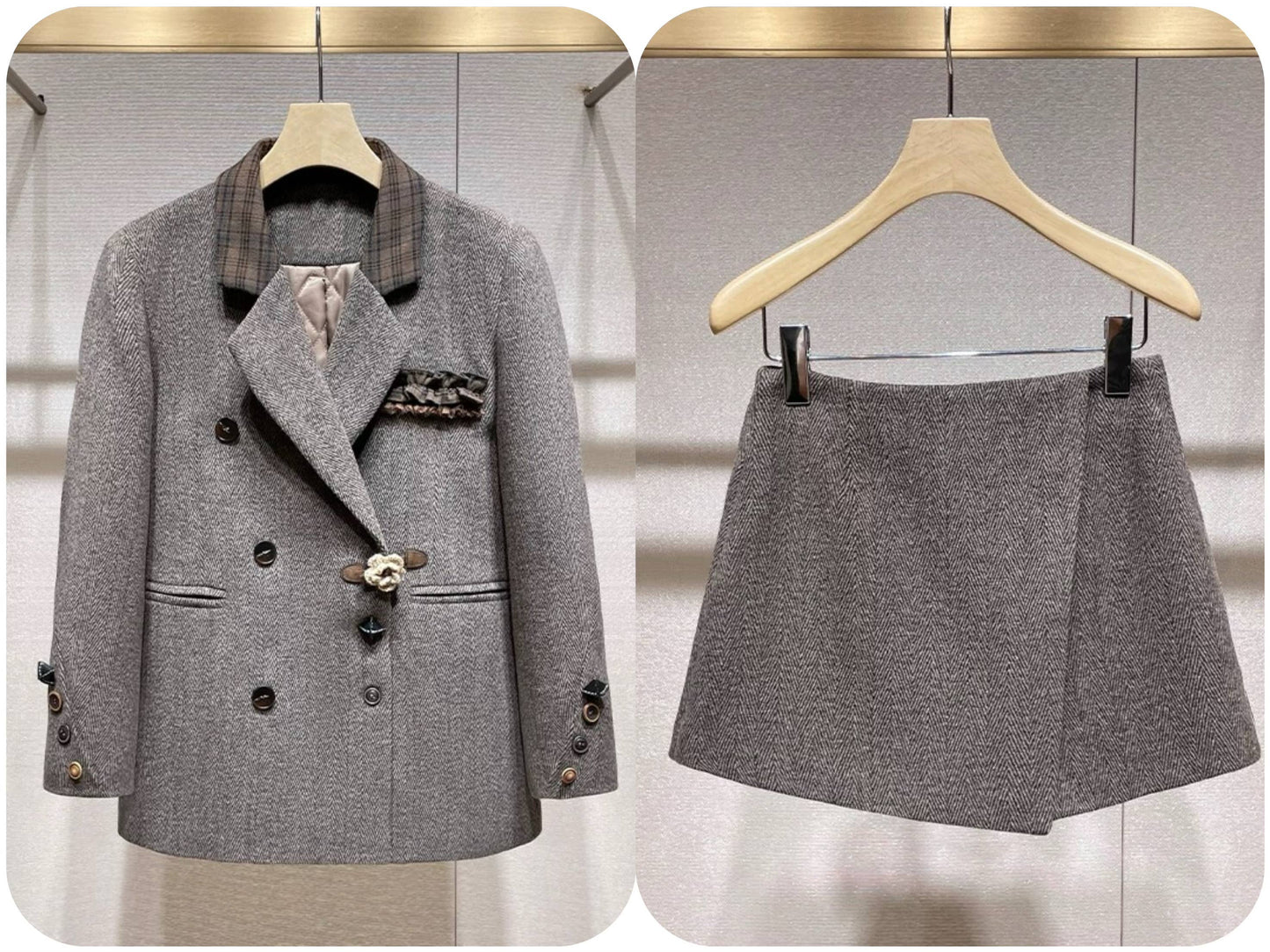 SET256Y 2025 Vintage Plaid Blazer and Skort Two-Piece Set