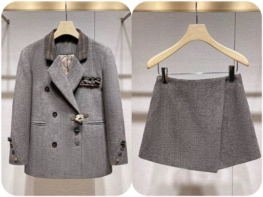 SET256Y 2025 Vintage Plaid Blazer and Skort Two-Piece Set