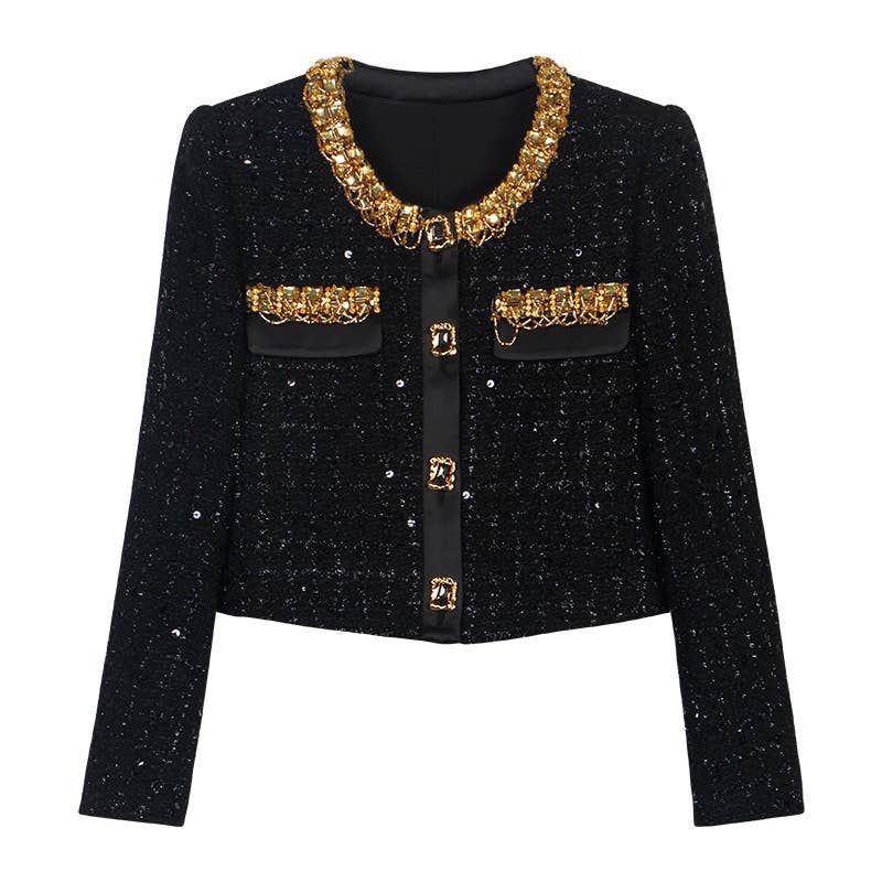JK270Y Elegant Hand-Beaded Tweed Jacket for Women