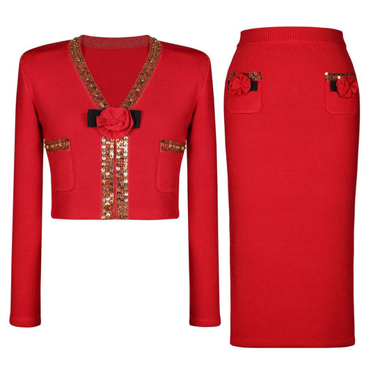 SET93Y Hand-Beaded Floral Knit Cardigan & Skirt Set ¨C Red
