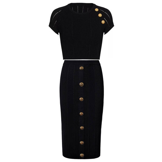 SET158 Elegant Metal Button Knit Suit - Timeless Style