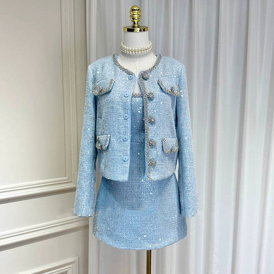 S1- Women's Tweed Jacket and Vest Dress Set with Rhinestones
