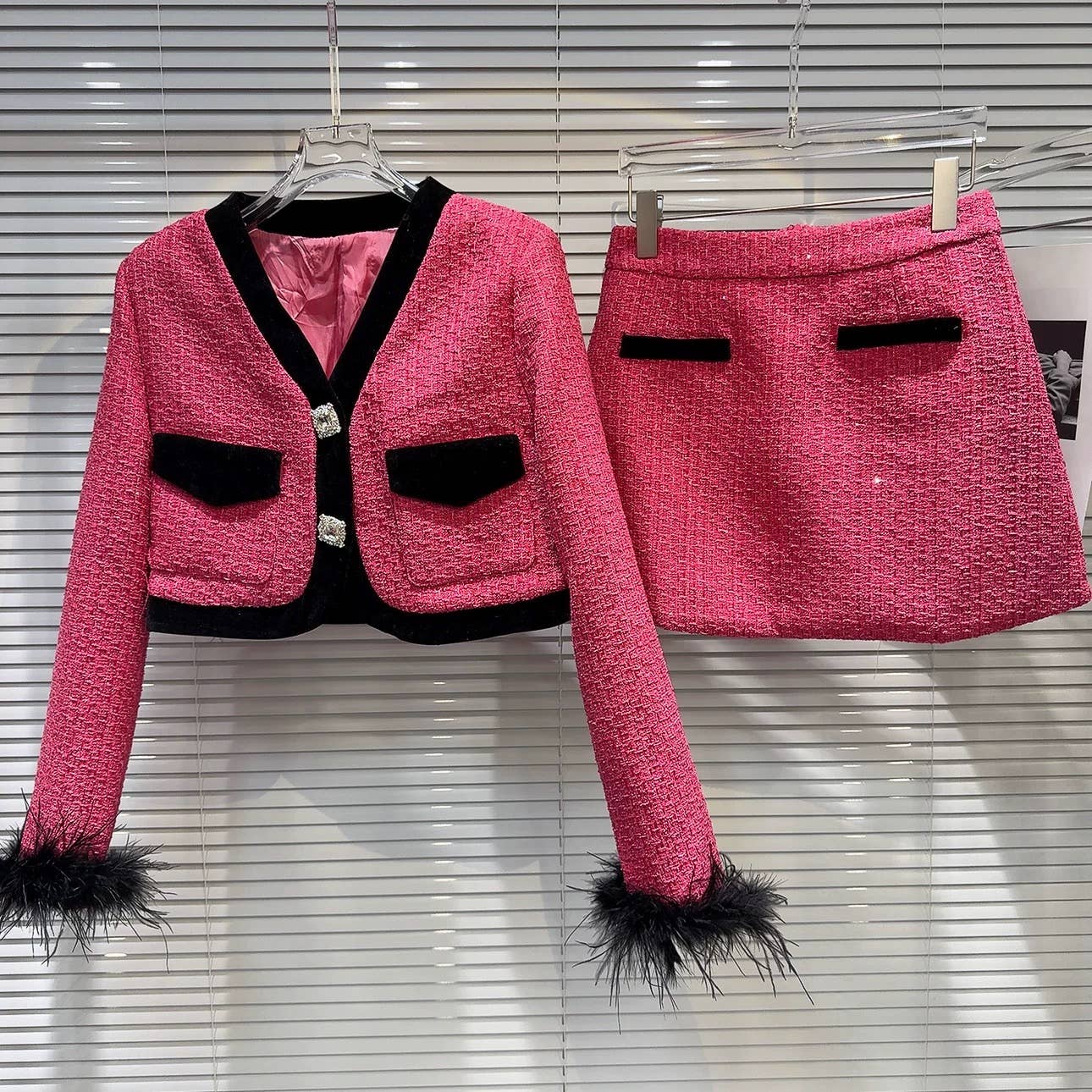 SET211Y Autumn Tweed Feather Cuff Jacket & Skirt Set