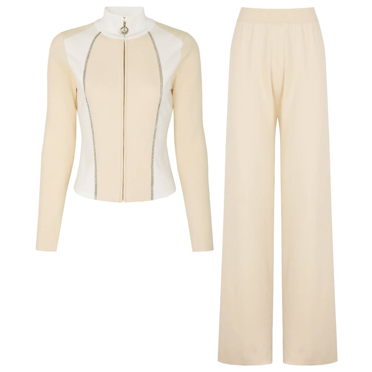 SET223Y Spring Autumn Knit Zipper Jacket Top and Slim Pants