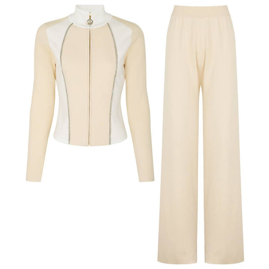 SET223Y Spring Autumn Knit Zipper Jacket Top and Slim Pants