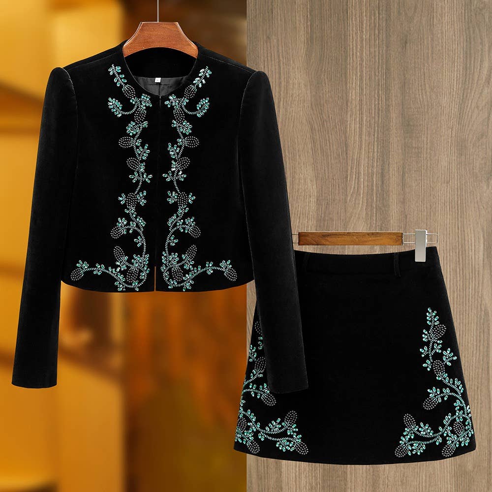 62Y Handmade Beaded Velvet Jacket and High Waist Skirt Set