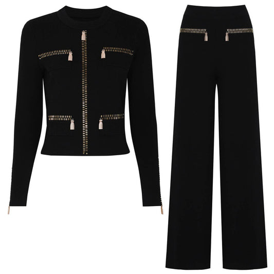 102Y Sparkling Rhinestone Knit Jacket and Relaxed Pants Set