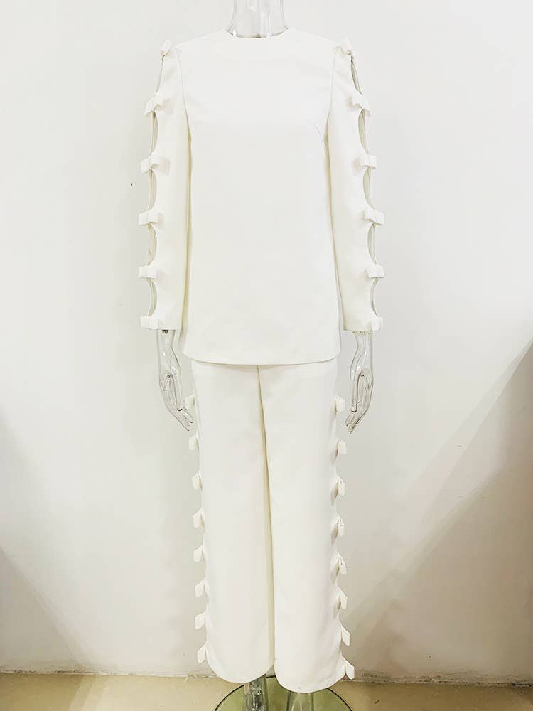 SET095 Chic Bow-Top & Pants Set - Elegance for Every Occasio