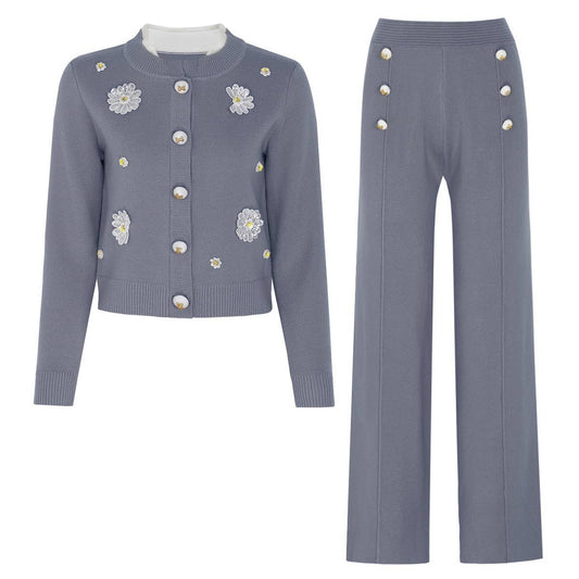 SET277Y 2026 Embroidered Knit Cardigan Jacket and Pants Set