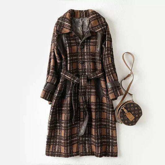 50Y Plaid wool trench coat with belt and PU leather accents