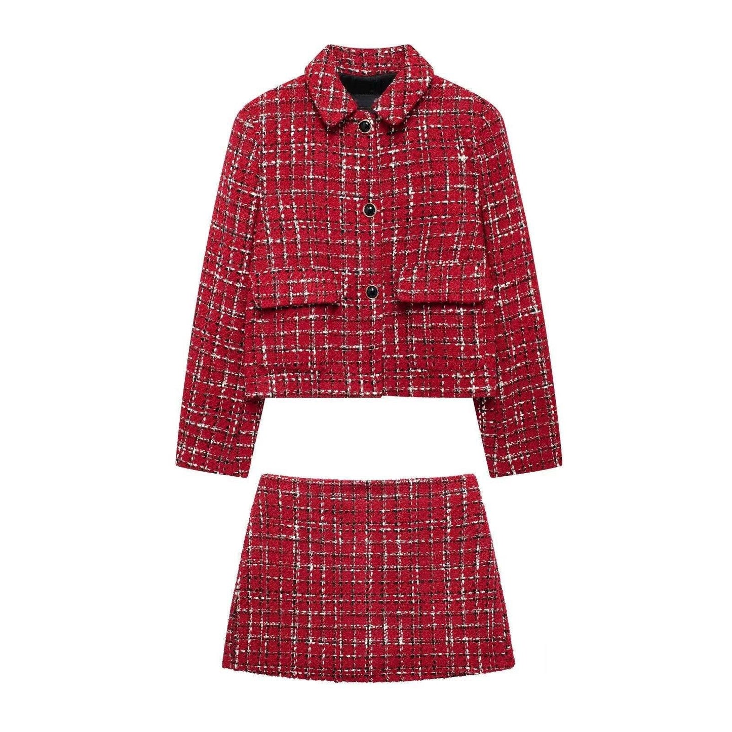 SET270L Red Tweed Jacket and Mini Skirt Two-Piece Set