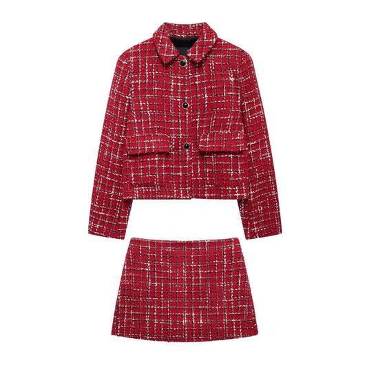 SET270L Red Tweed Jacket and Mini Skirt Two-Piece Set