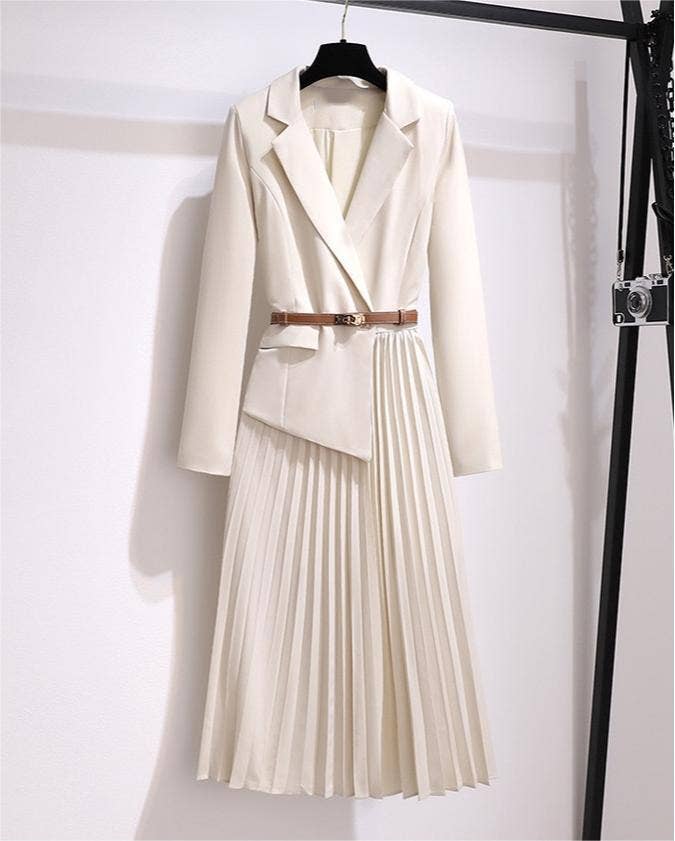 DR056Y Women Blazer Pleated Dress With Genius Leatther Belt