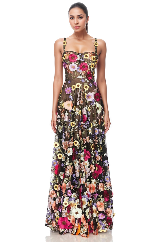 PS7 3D Floral Embroidered Extra Long Evening Gown
