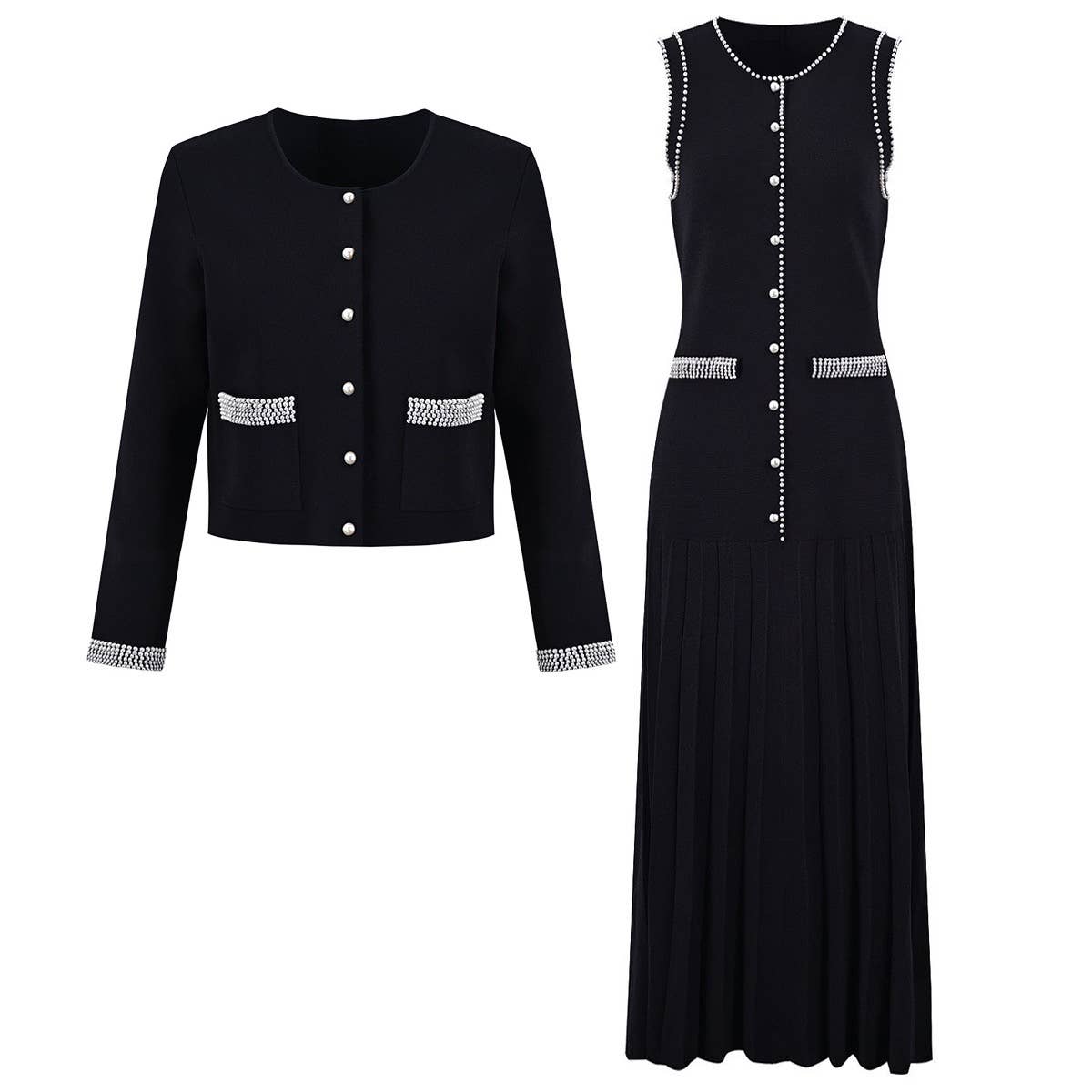 SET191Y Pearl Trim Knit Jacket & Pleated Sleeveless Dress Se