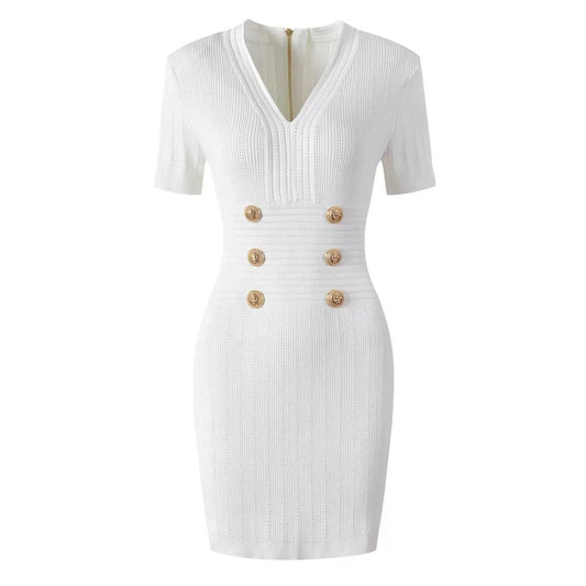 36Y Elegant Summer Knitted V-Neck Slim Short-Sleeved Dress