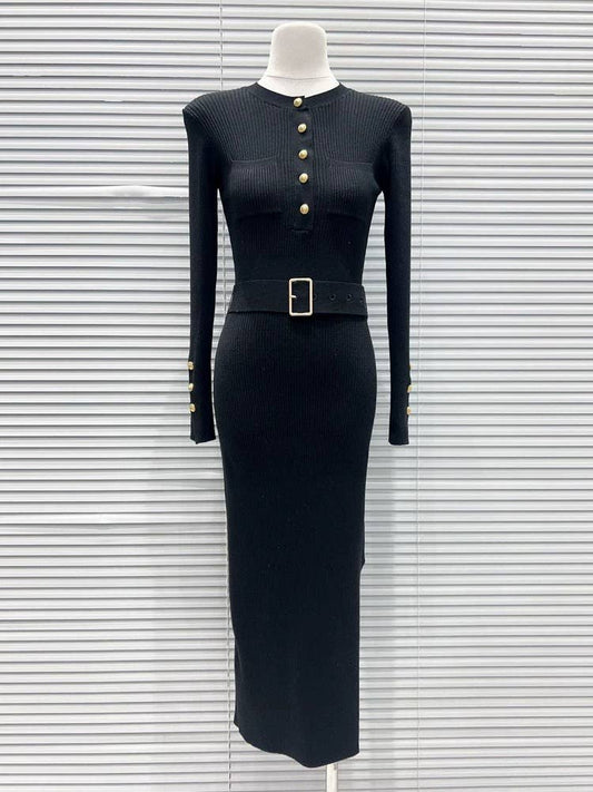 DR943Y Round Neck Slim Knit Dress with Belt and Side Slit