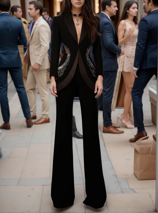 SET55Y Stylish Hollow Hot Diamond Suit Jacket & Trousers