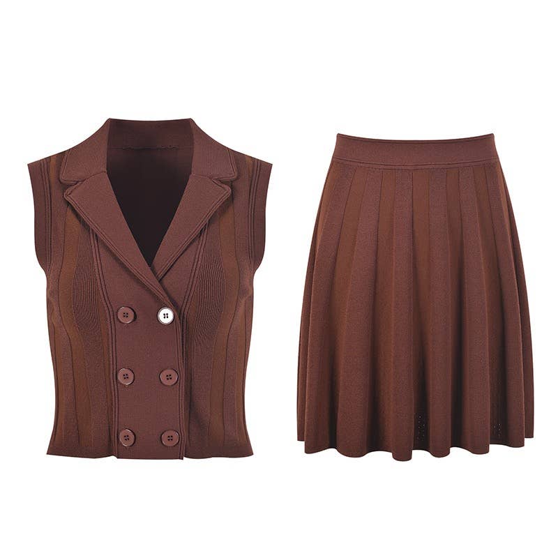 SET227 Tailored Knit Vest & Pleated Skirt Set ¨C Fall Edit