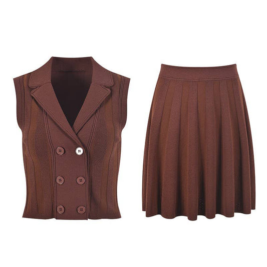 SET227 Tailored Knit Vest & Pleated Skirt Set ¨C Fall Edit