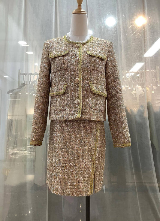 SET251Y Handmade Tweed Short Jacket and Skirt Set for Women