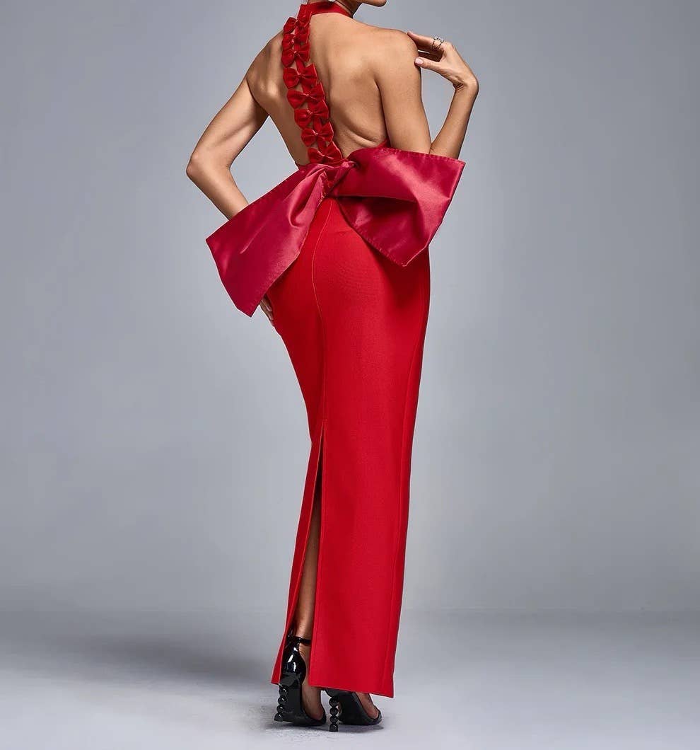 DR369 Red Backless Dress with Large Bow and Slim Fit – Productseeker Shop
