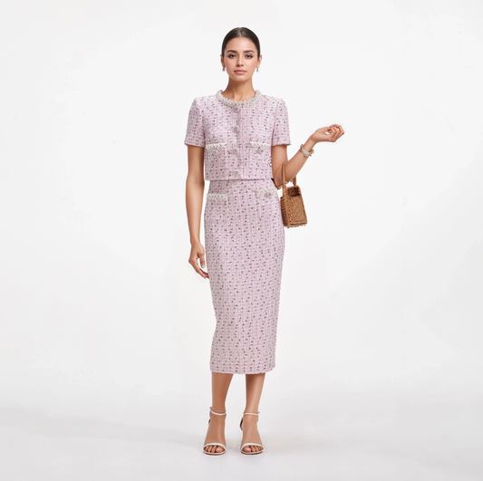 SET170Y Pink Tweed Beaded Jacket & Slit Skirt Two-Piece Set