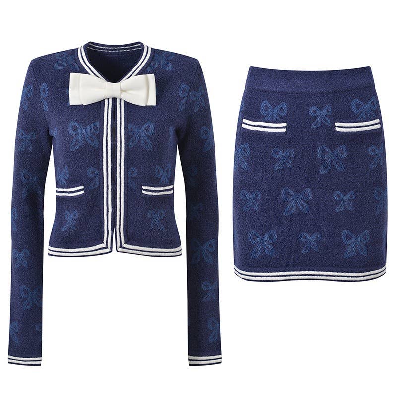 SET233 Bow-Trim Knit Cardigan & Jacquard Skirt Set