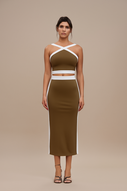 SET81Y Crisscross Trim Top & Sculpted Panel Skirt Set