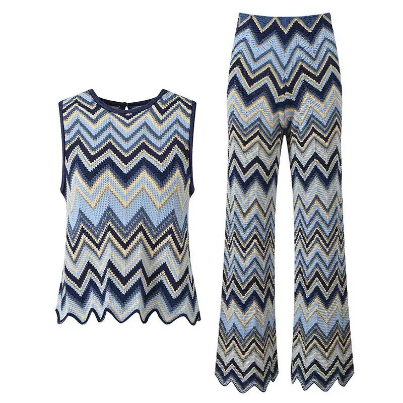 SET62 Contrast Wave Knit Sleeveless Vest & Trousers Set