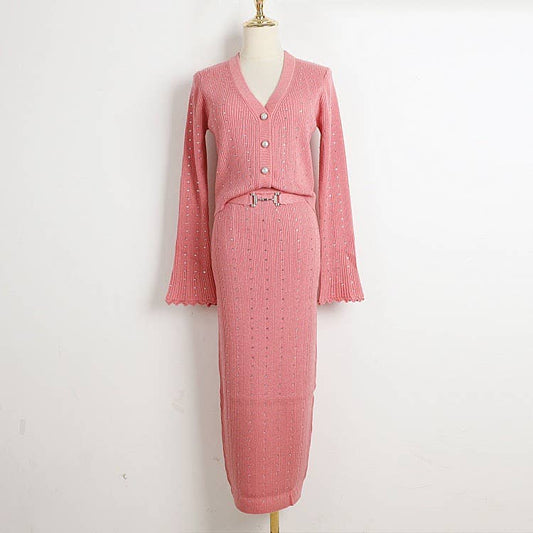 SET9-2Y Diamond V-Neck Sweater & Slit Skirt Set -Autumn Chic