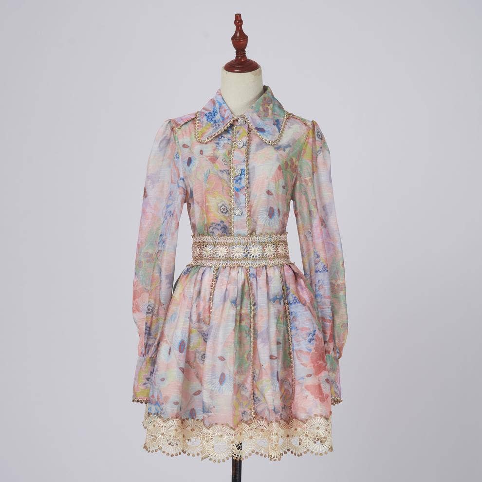 DR427Y Elegant Lace Short Skirt Set with Diamond Buttons