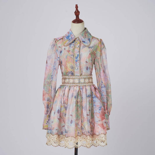 DR427Y Elegant Lace Short Skirt Set with Diamond Buttons