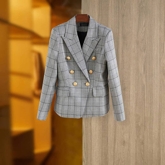 BL0137 Gray Checkered Loose-Fit Fashion Blazer