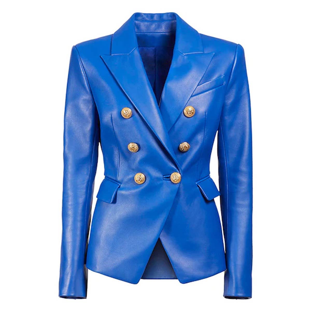 BL036 Women Vivid Blue Faux Leather Slim Fit Blazer