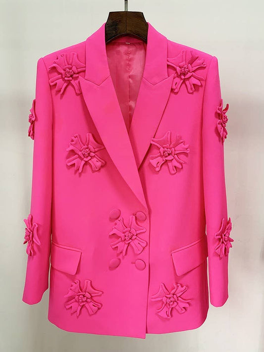 BL0127 Handmade 3D Floral Embellished Double-Breasted Blazer
