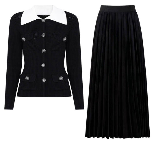 106Y Knit Top and Pleated Skirt Two-Piece Set for Women