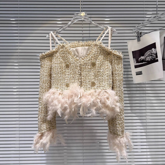 111Y Elegant Tweed Jacket for Women with Feather Hem Detail