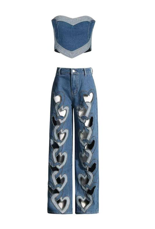 SET76Y Heart Hollow Denim Vest & Wide Leg Pants Set
