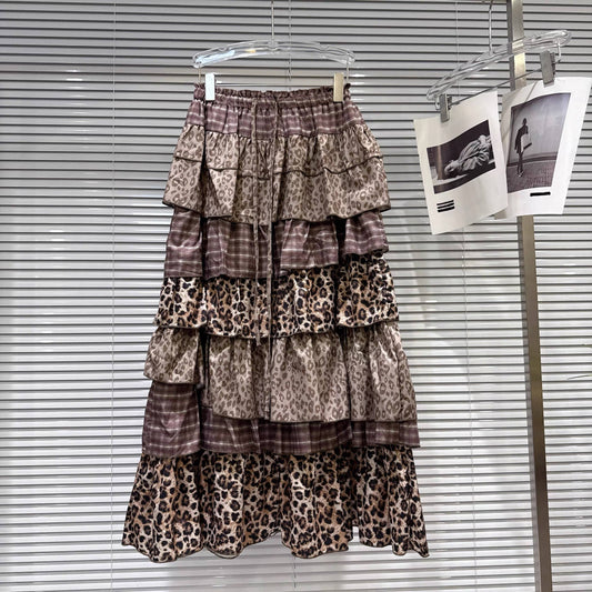 GY Women¡¯s Vintage Layered Leopard Plaid Elastic Waist Skirt