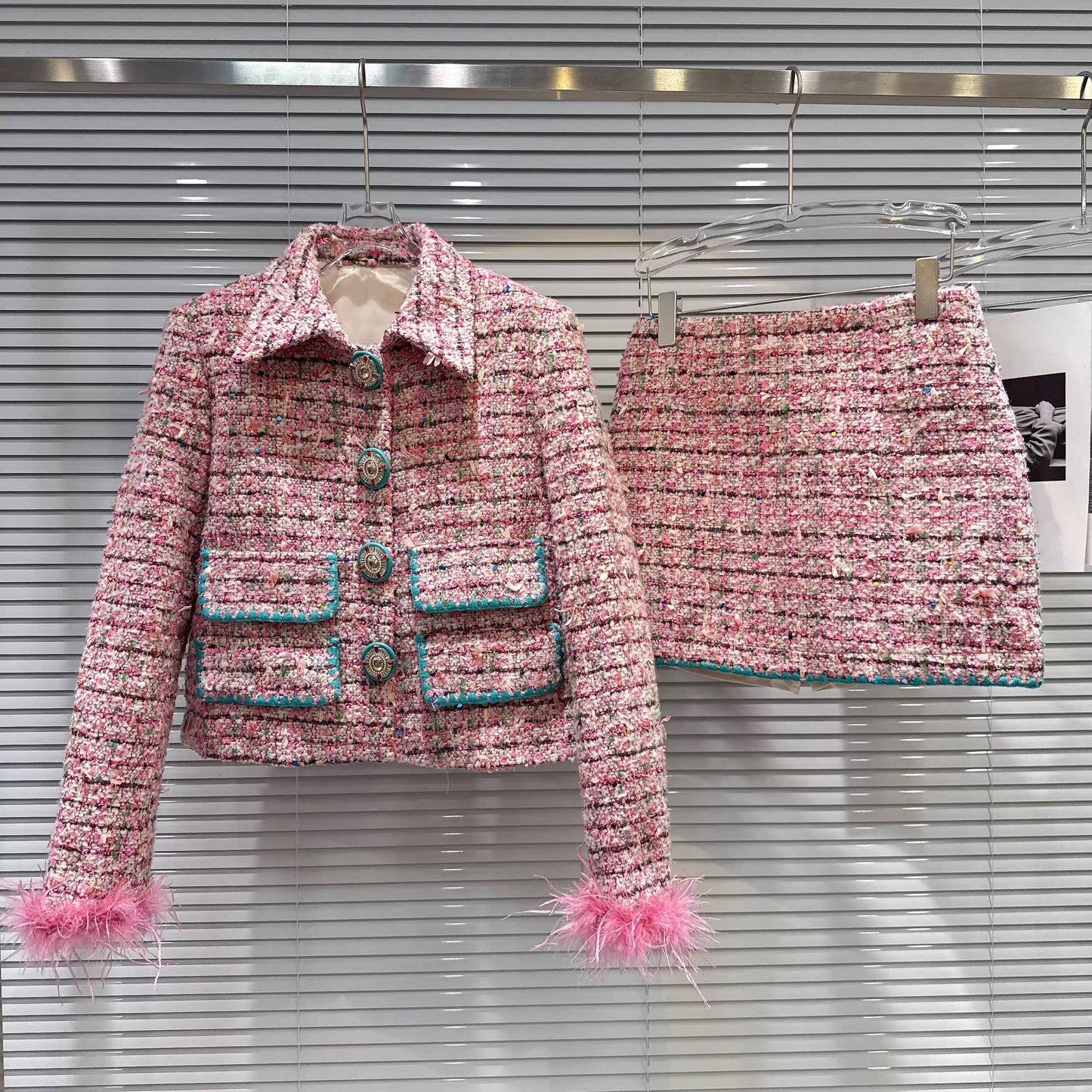 SET241Y Autumn Tweed Short Jacket with Feather Sleeves Skirt