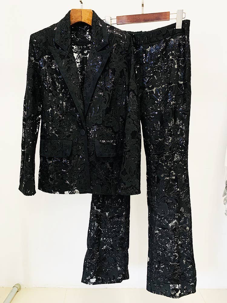 SET055 Lace Embroidered Sequin Blazer & Trouser Suit
