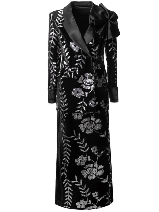 QY Women¡¯s Sequin 3D Floral Blazer & Split Pencil Skirt Set