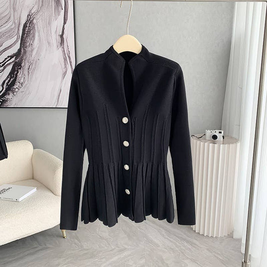 JK100Y Chic Ribbed Knit Stand Collar Cardigan Coat