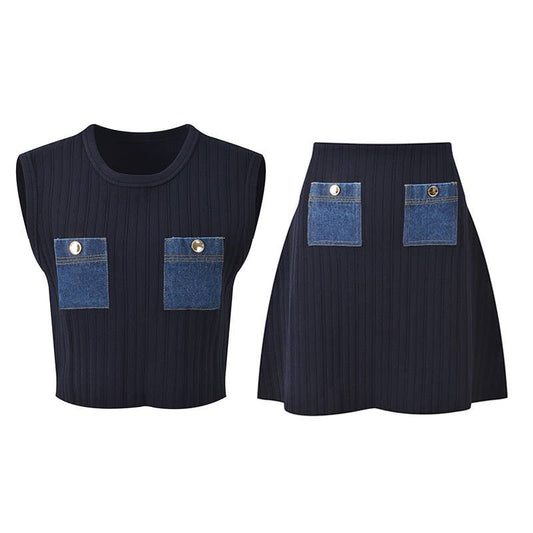 SET182 Denim Pocket Knit Vest & Skirt Set for Summer Chic