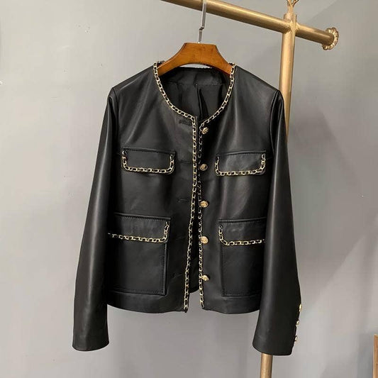 4L Women¡¯s Short Sheepskin Leather Jacket with Chain Trim