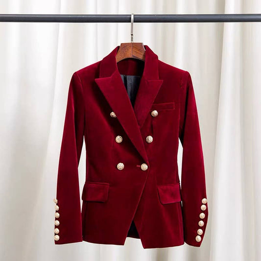 BL46L Velvet Double-Breasted Blazer in Wine Red 2025