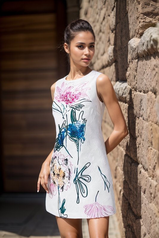 028Y Elegant Beaded Floral Embroidered Sleeveless Mini Dress